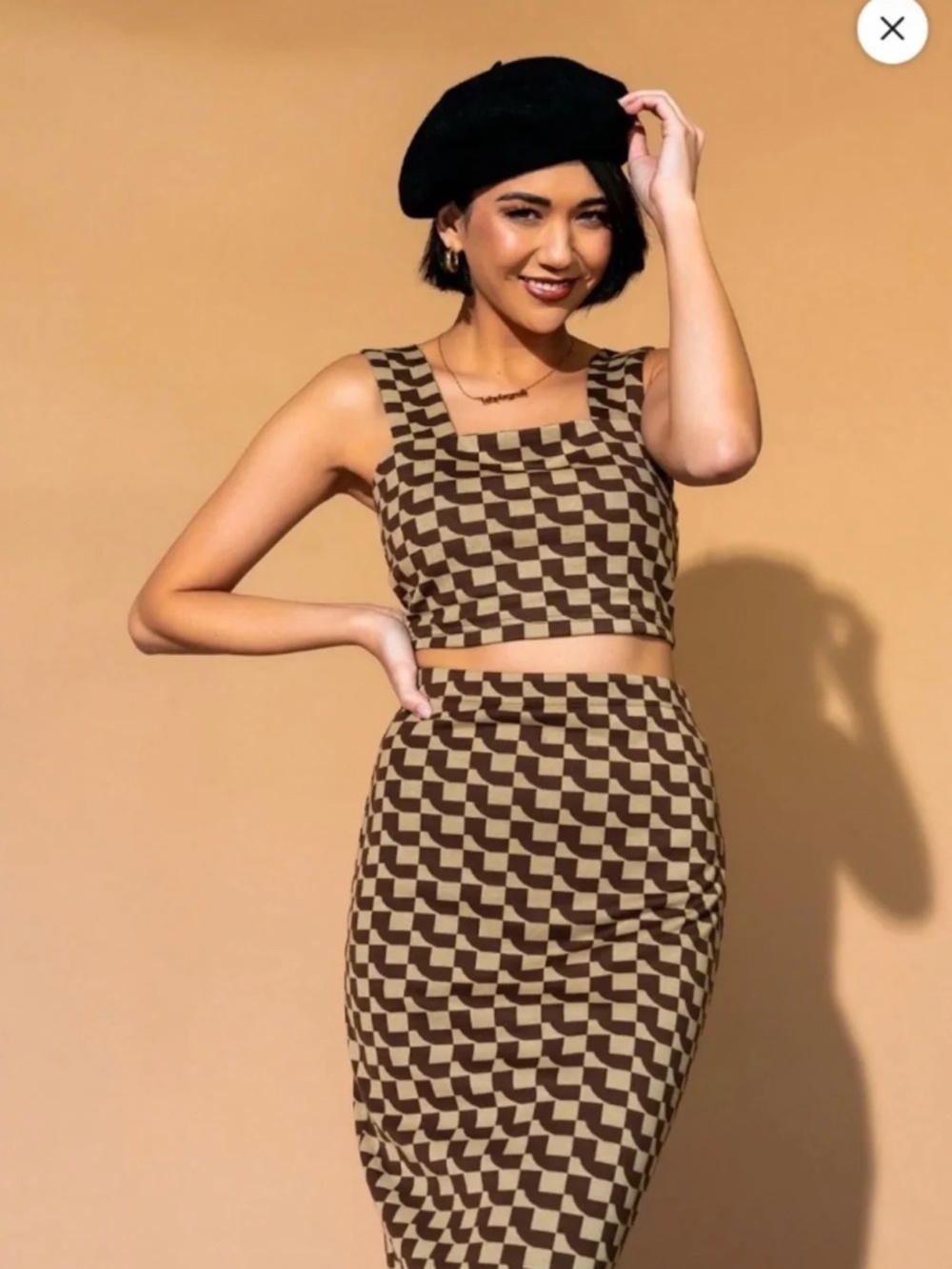 Dressed in Lala Retro Skirt Set Size Large Brown and Cream